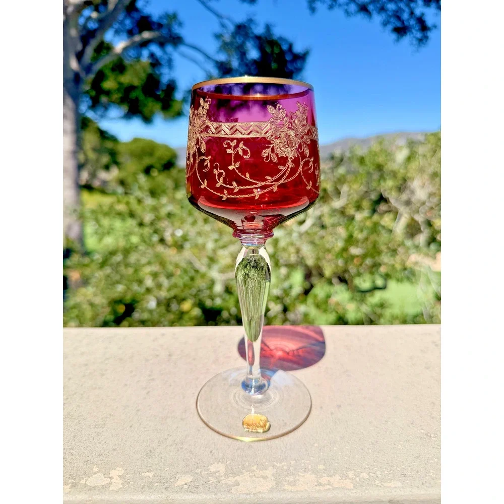 Antique Bohemian Cordial Glass Cranberry Etched Gold Gilt Czech Stemware 7.5